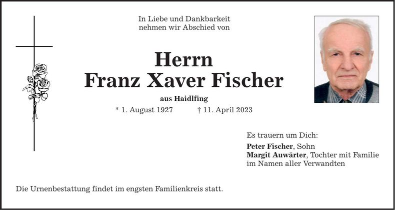 Traueranzeige Franz Xaver Fischer