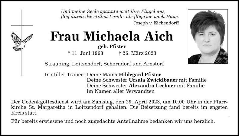 Traueranzeige Michaela Aich