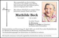 Traueranzeige Mathilde Beck
