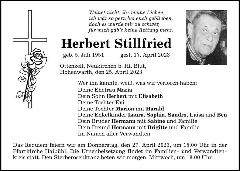 Traueranzeige Herbert Stillfried