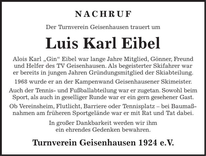 Traueranzeige Alois Eibel