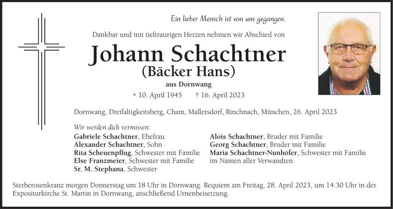 Traueranzeige Johann Schachtner