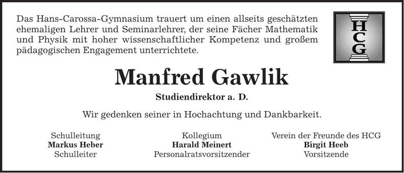 Traueranzeige Manfred Gawlik