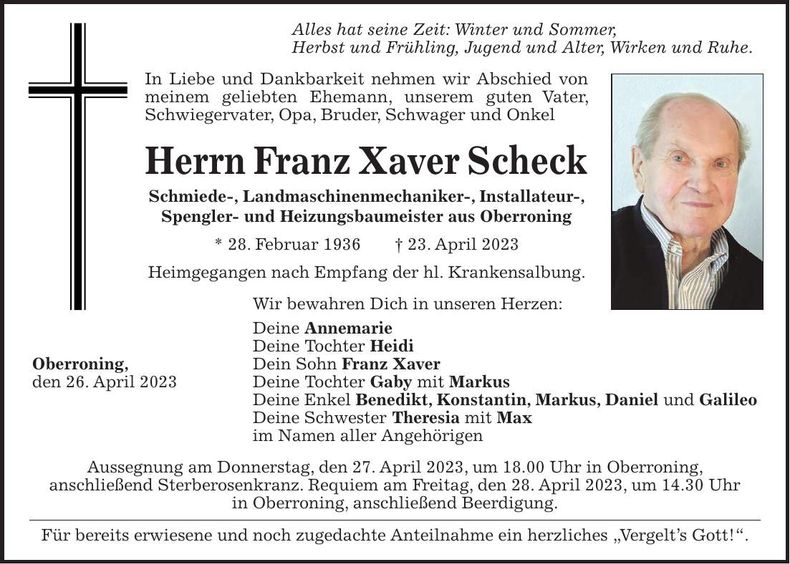 Traueranzeige Franz Xaver Scheck