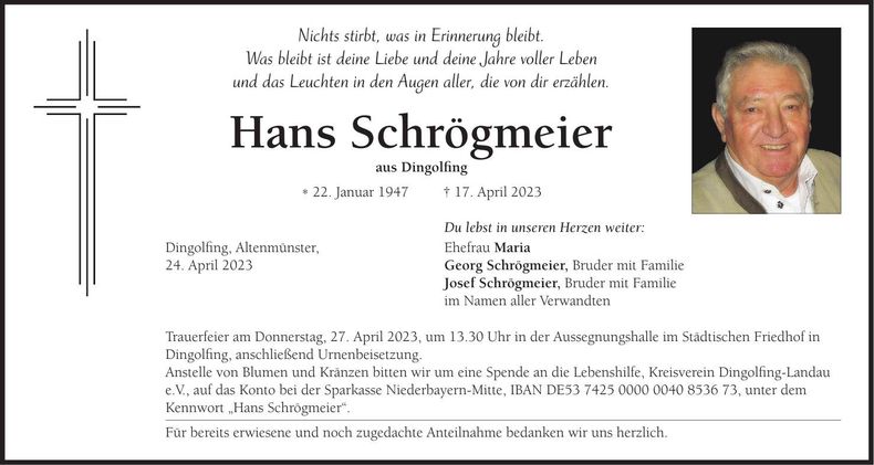 Traueranzeige Hans Schrögmeier