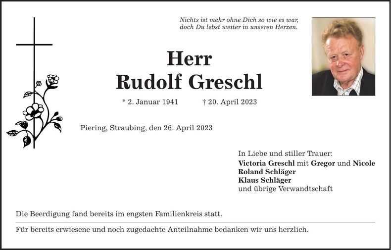 Traueranzeige Rudolf Greschl