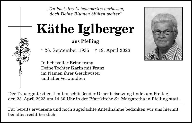 Traueranzeige Käthe Iglberger