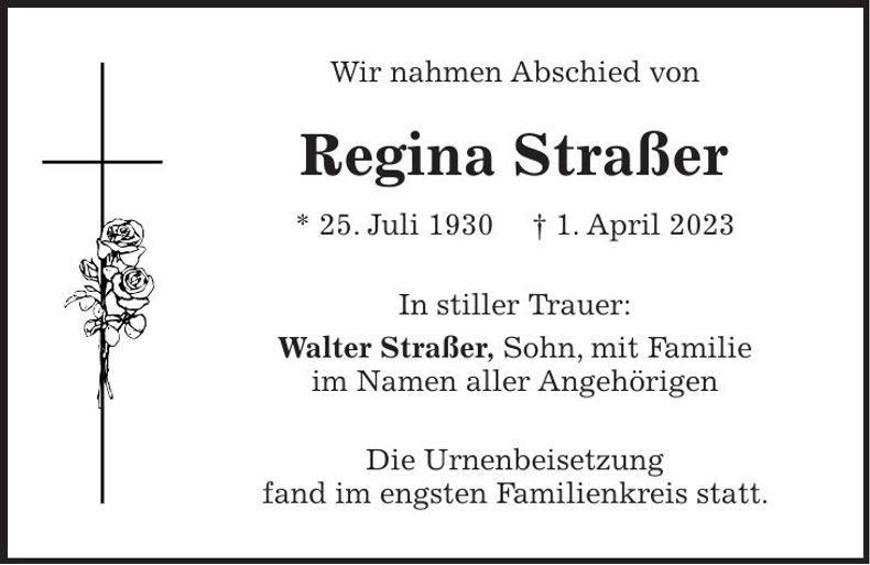 Traueranzeige Regina Straßer