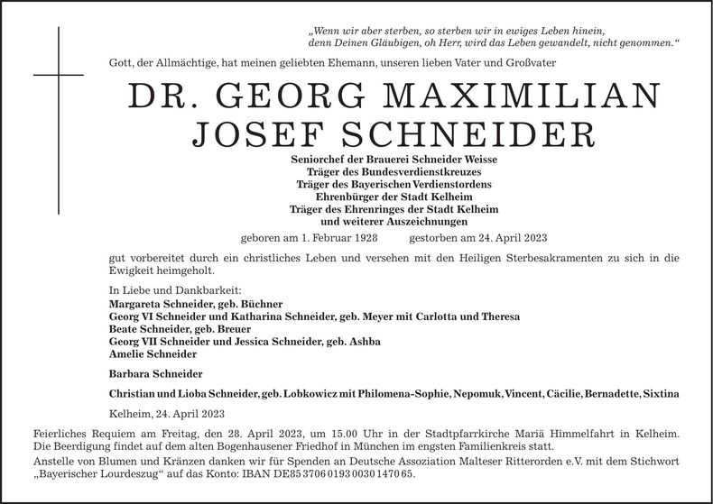 Traueranzeige Georg Maximilian Josef Dr. Schneider
