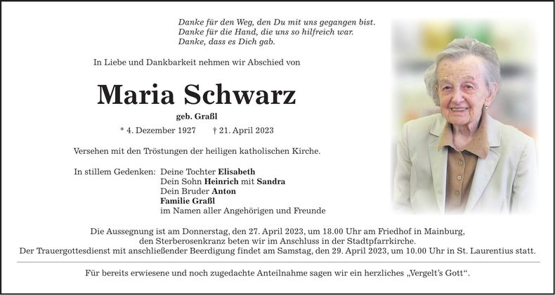 Traueranzeige Maria Schwarz