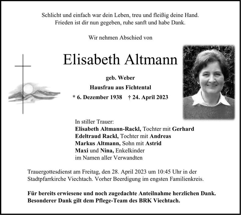 Traueranzeige Elisabeth Altmann