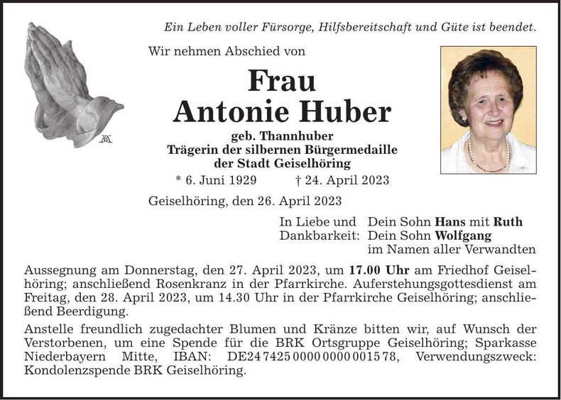 Traueranzeige Antonie Huber