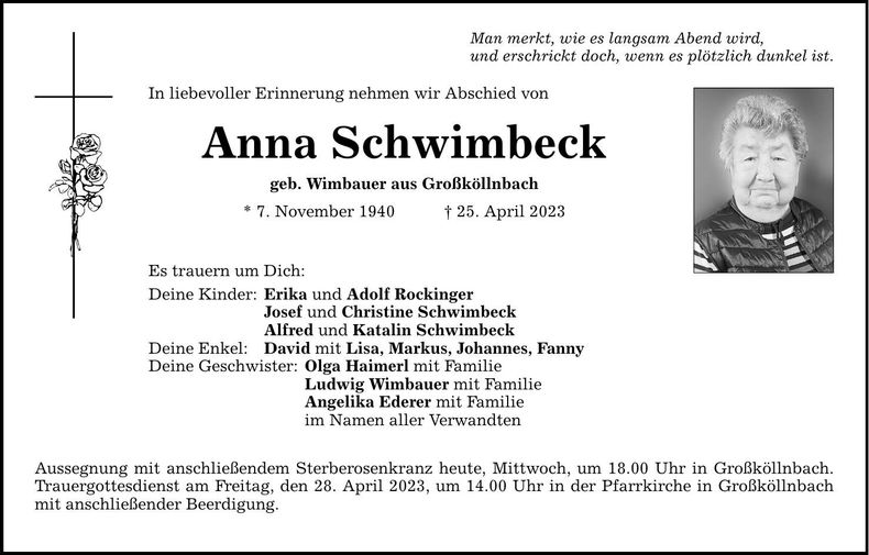 Traueranzeige Anna Schwimbeck