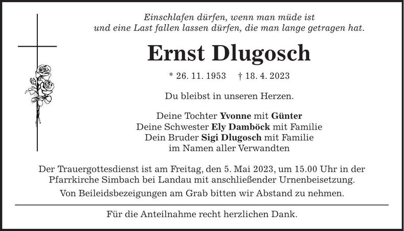 Traueranzeige Ernst Dlugosch