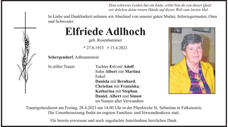 Traueranzeige Elfriede Adlhoch