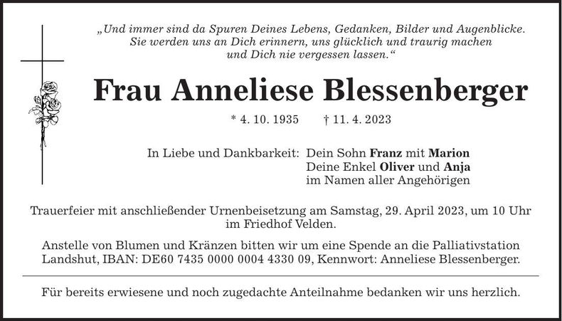 Traueranzeige Anneliese Blessenberger
