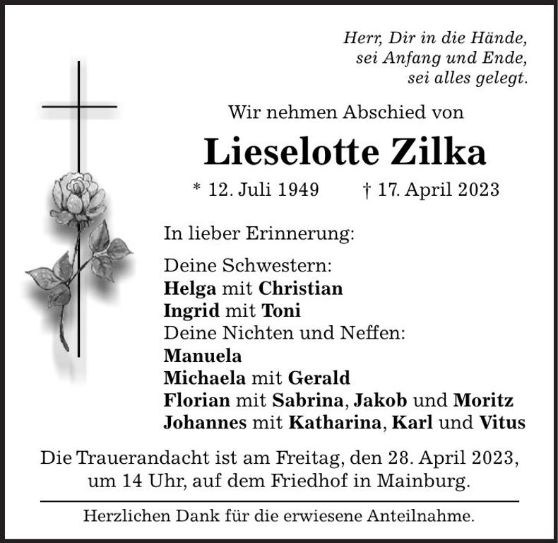 Traueranzeige Lieselotte Zilka