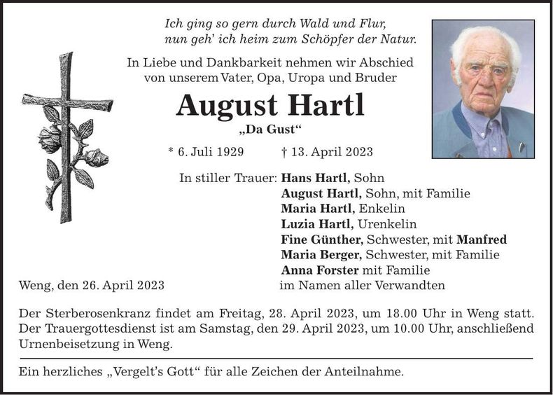 Traueranzeige August Hartl