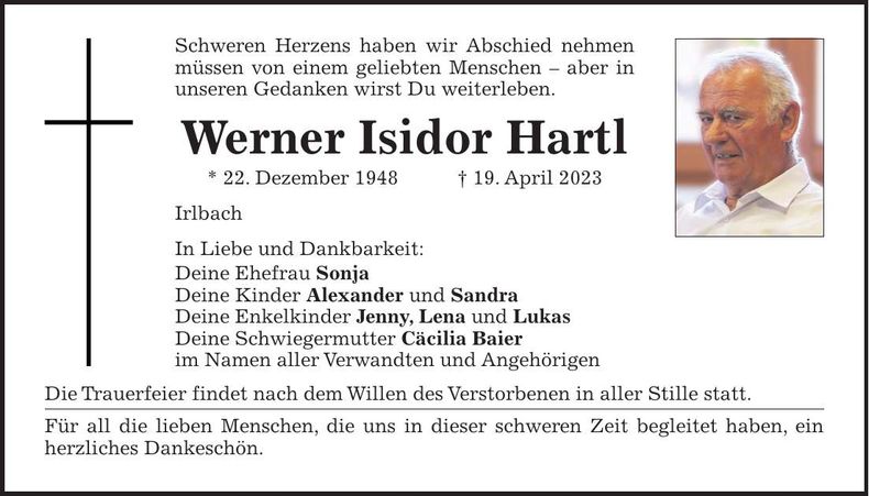 Traueranzeige Werner Isidor Hartl