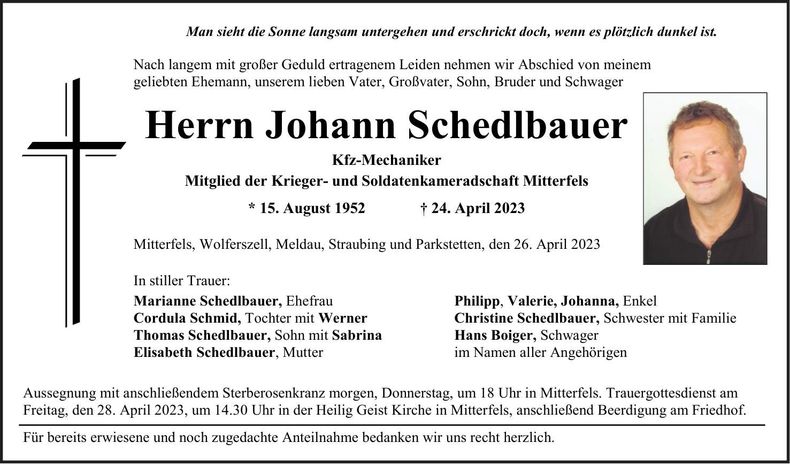 Traueranzeige Johann Schedlbauer