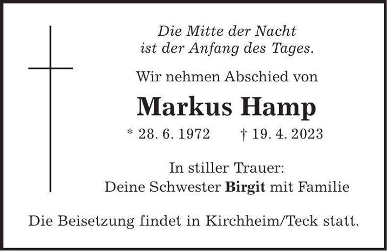 Traueranzeige Markus Hamp