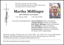 Traueranzeige Martha Mißlinger