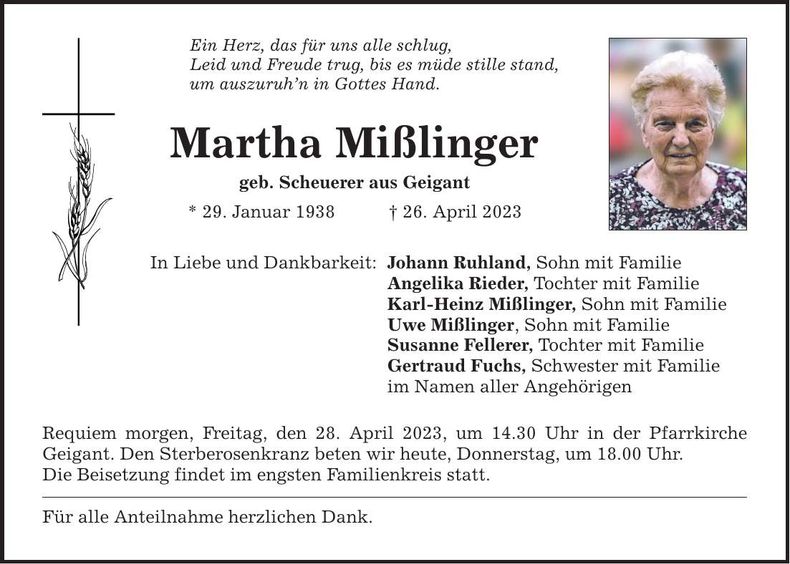 Traueranzeige Martha Mißlinger