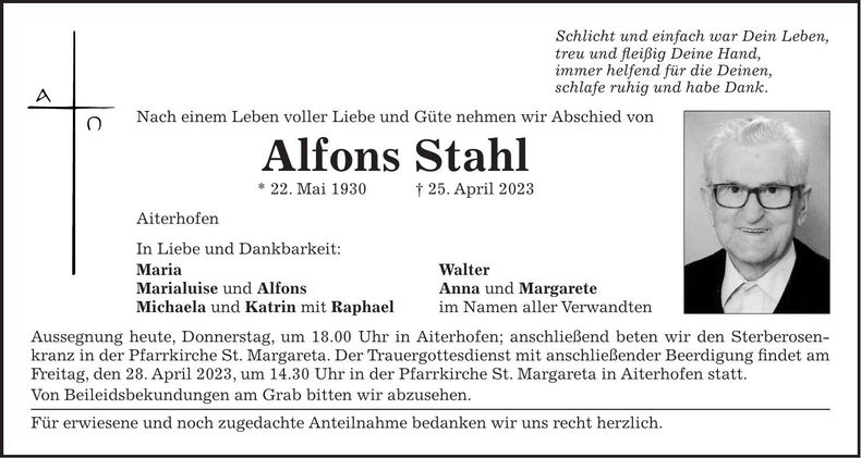 Traueranzeige Alfons Stahl