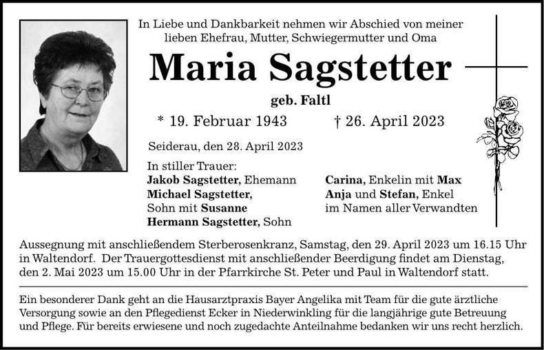 Traueranzeige Maria Sagstetter