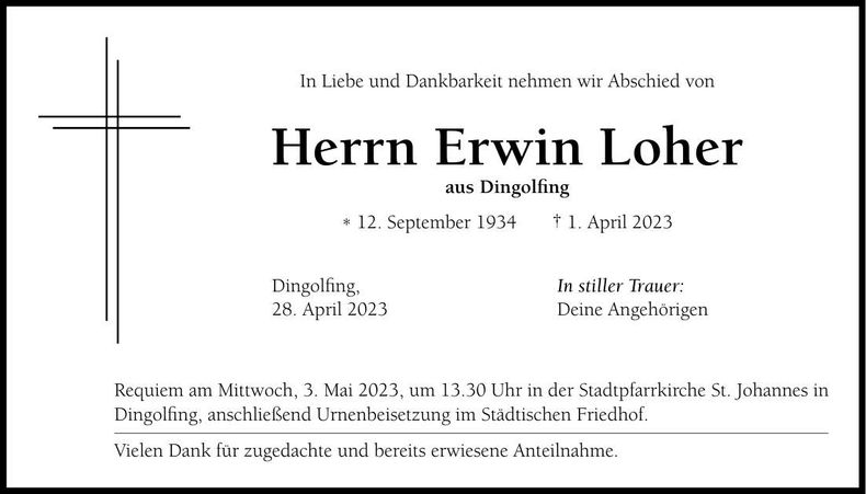 Traueranzeige Erwin Loher