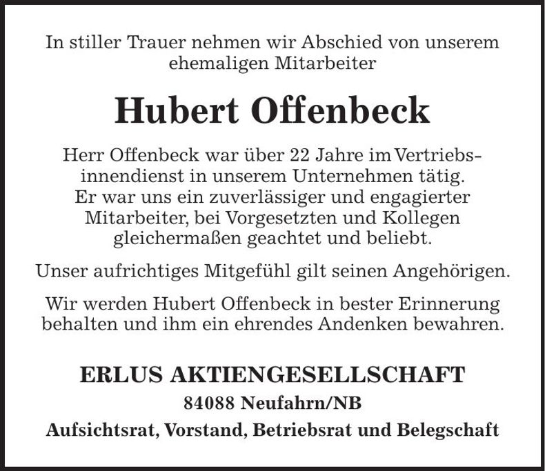 Traueranzeige Hubert Offenbeck
