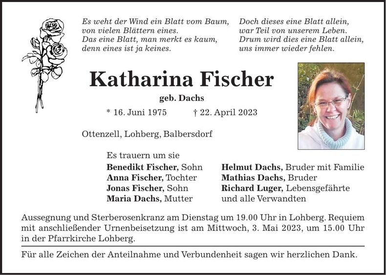 Traueranzeige Katharina Fischer