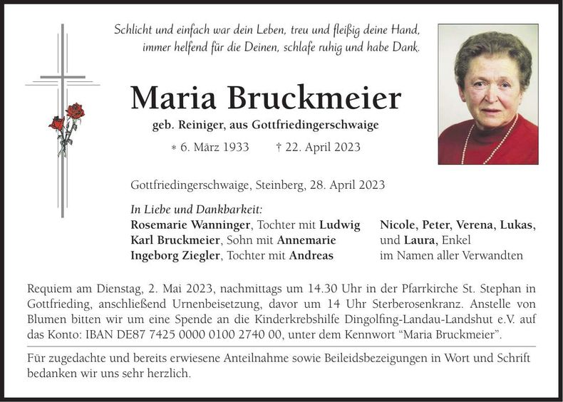 Traueranzeige Maria Bruckmeier