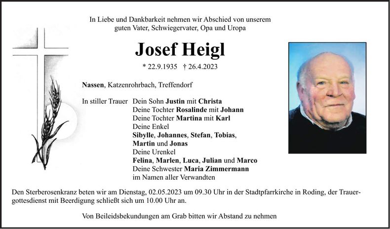 Traueranzeige Josef Heigl