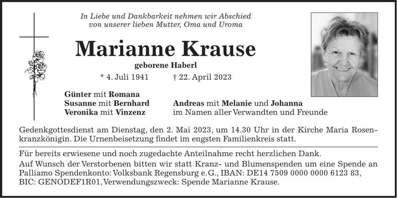Traueranzeige Marianne Krause