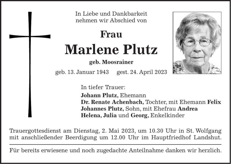 Traueranzeige Marlene Plutz