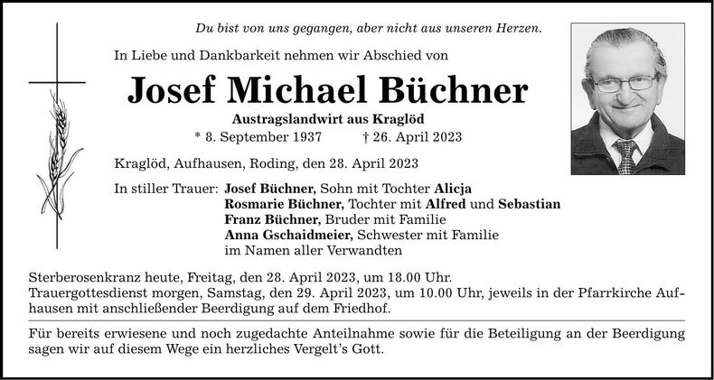 Traueranzeige Büchner Josef Michael