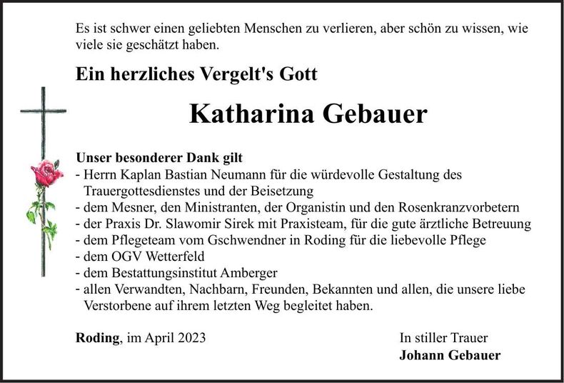 Traueranzeige Katharina Gebauer