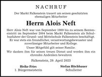 Traueranzeige Alois Neft