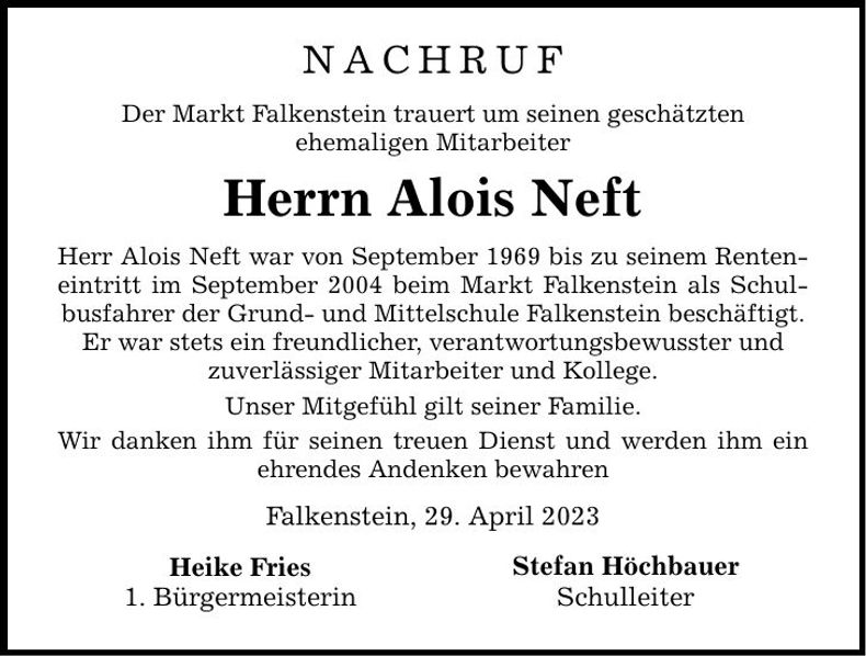 Traueranzeige Alois Neft