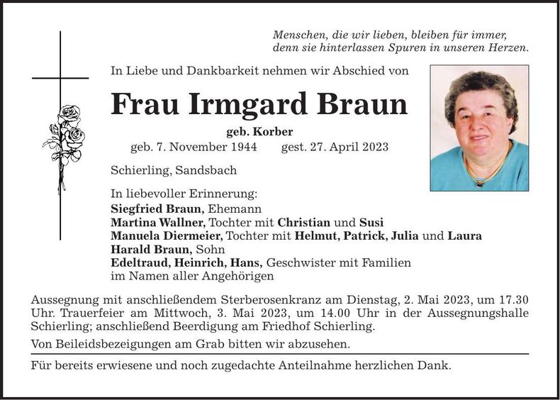 Traueranzeige Irmgard Braun