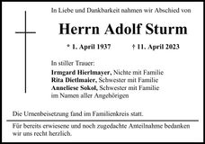 Traueranzeige Adolf Sturm