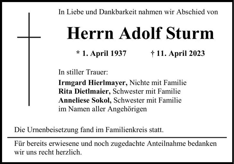 Traueranzeige Adolf Sturm