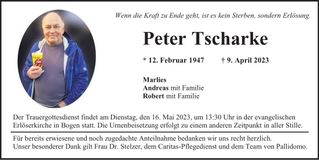 Traueranzeige Peter Tscharke