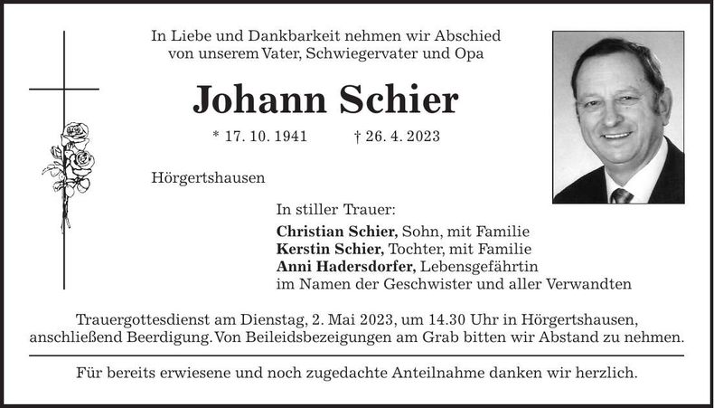 Traueranzeige Johann Schier