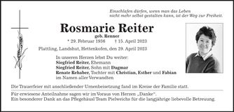 Traueranzeige Rosmarie Reiter