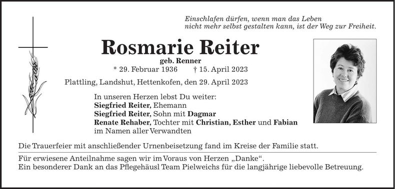 Traueranzeige Rosmarie Reiter