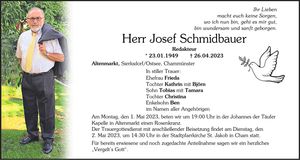 Traueranzeige Josef Schmidbauer