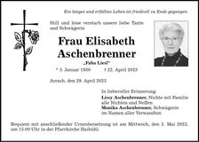 Traueranzeige Elisabeth Aschenbrenner