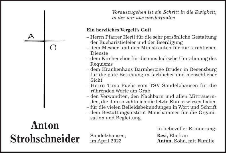 Traueranzeige Anton Strohschneider